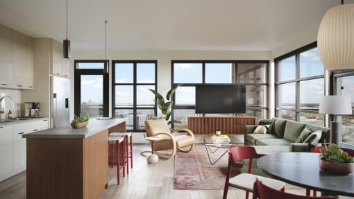 a rendering of a living room with a kitchen and dining area