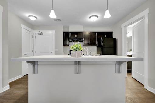A white kitchen island with a plant on top and a black fridge in the background.