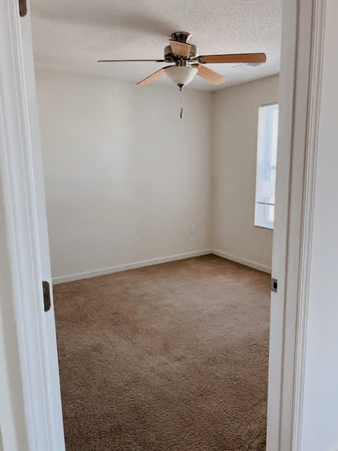 A room with a ceiling fan and carpeted floor.