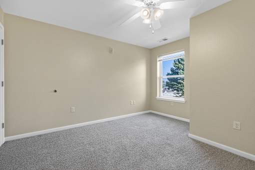 A room with a ceiling fan and a window showing trees outside.