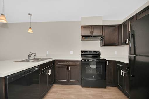 A modern kitchen with black appliances and wooden cabinets.