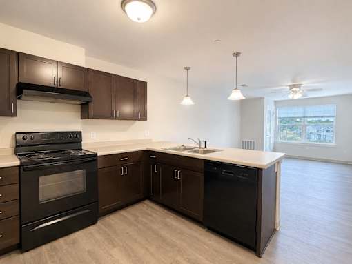A kitchen with black appliances and brown cabinets.