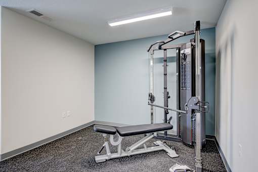 A gym with a bench, weights and a barbell.