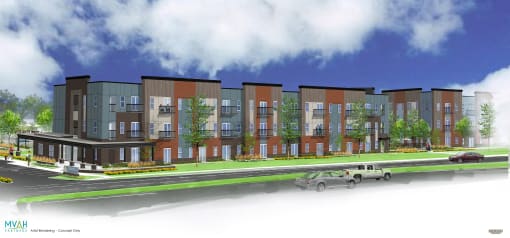 a rendering of an apartment building with cars parked in front of it