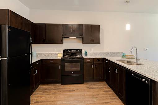 A kitchen with black appliances and cabinets.