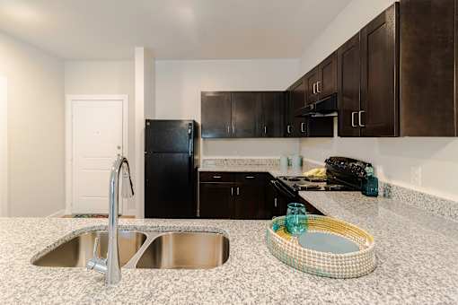 A kitchen with a sink and black cabinets.