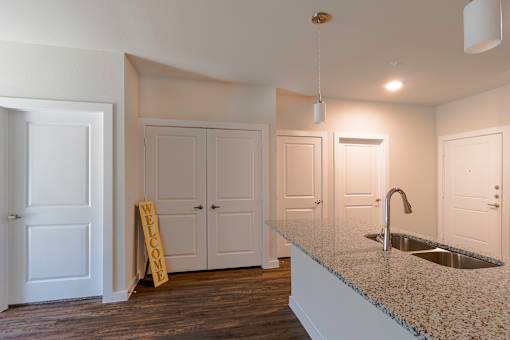 A kitchen with a granite countertop and a sink.