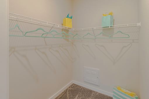 A white closet with a shelf and a striped rug.