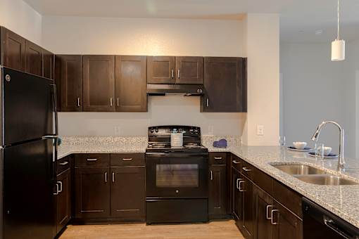 A kitchen with black appliances and cabinets.