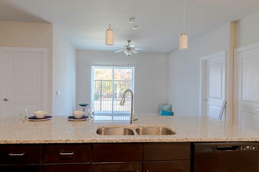 A kitchen with a sink, counter, and cabinets.