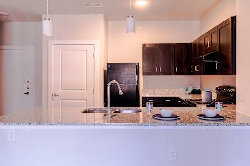 A kitchen with a black fridge and black cabinets.