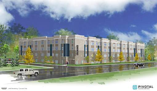 A rendering of a modern building with a parking lot in front.