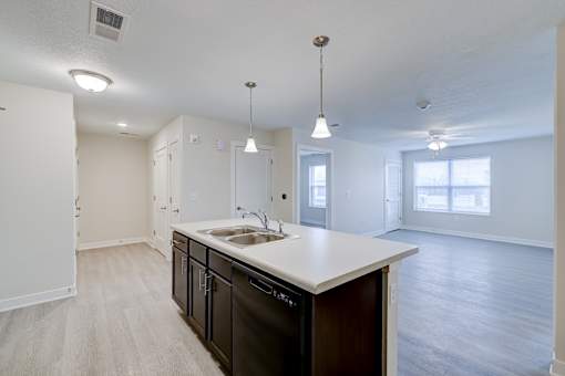 A kitchen with a sink and a counter.