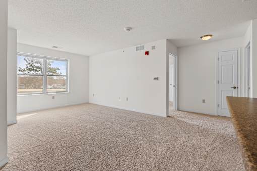 A large, empty room with a carpeted floor and a window.