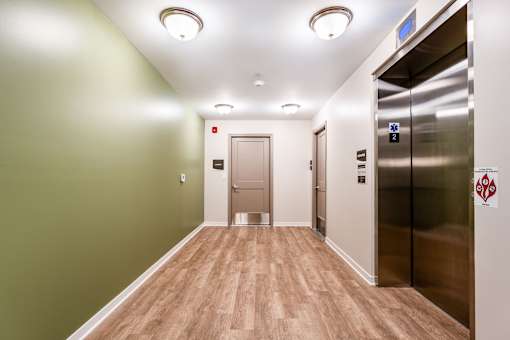 A hallway with a wooden floor, a green wall, and a stainless steel elevator.