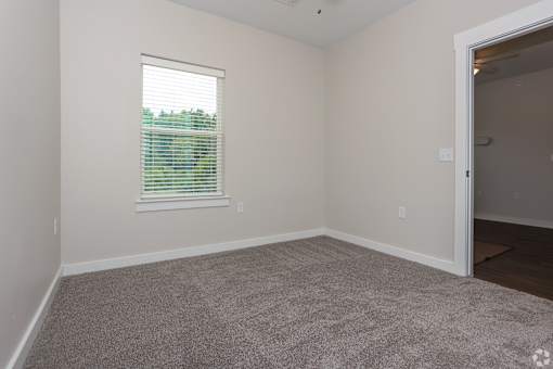 A room with a carpeted floor and a window with blinds.