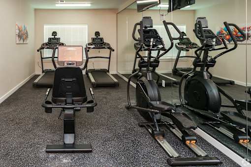 A gym with treadmills and elliptical machines.