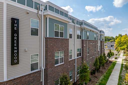The Greenwood apartment complex has a modern design with brick and siding exteriors.