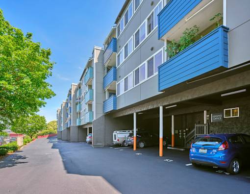 Apartments with carports, access to the leading office to the right, and mailboxes and trees on the left.