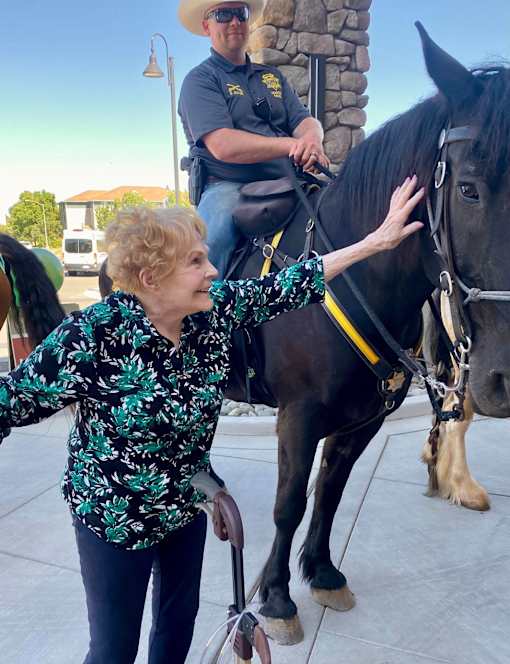 A woman is petting a black horse 