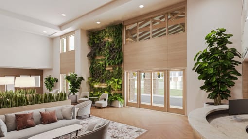 a living wall in a living room with a couch and chairs at Hearthstone Lodge Senior Residences, Auburn, CA