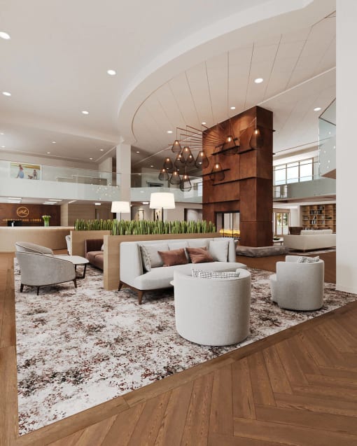 a rendering of the lobby of a hotel with couches and chairs at Hearthstone Lodge Senior Residences, Auburn, CA