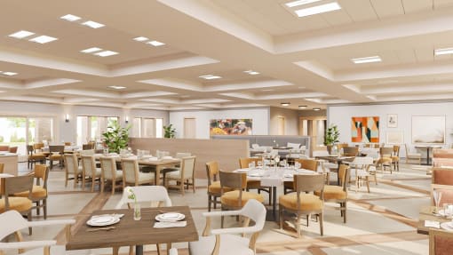 a rendering of a dining room with tables and chairs at Hearthstone Lodge Senior Residences, Auburn, CA 95602