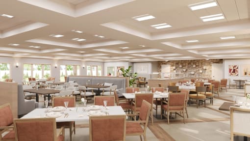 a rendering of a restaurant with tables and chairs at Hearthstone Lodge Senior Residences, California