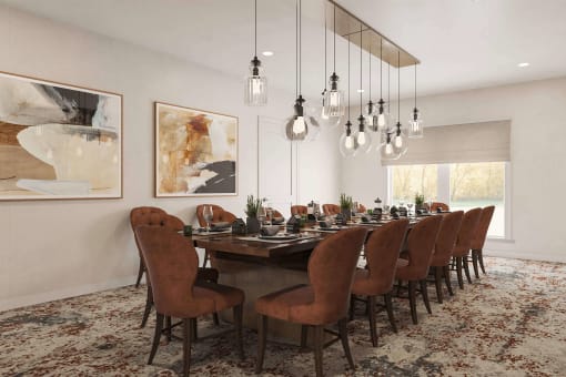 a dining room with a long table and chairs at Hearthstone Lodge Senior Residences, Auburn, CA