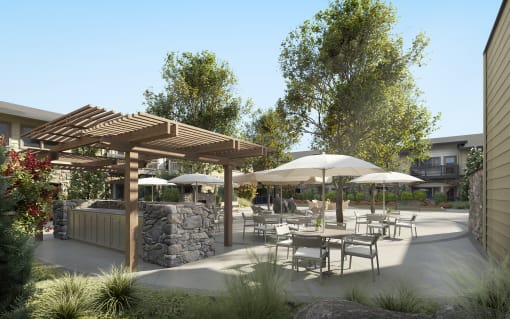 a rendering of a patio with tables and umbrellas