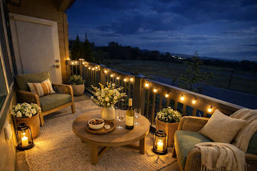 Cozy balcony setting at Hearthstone Lodge Senior Residences, Auburn, 95602