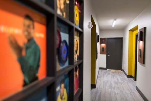 hallway with record albums on wall at Pinnex, Indianapolis, IN, 46203