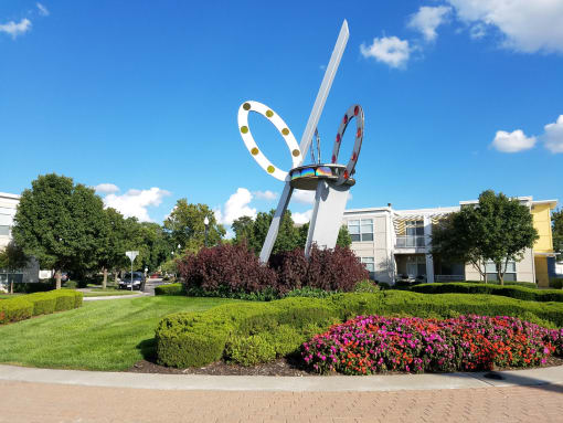 sculpture in center of community at CityView, North Kansas City, MO