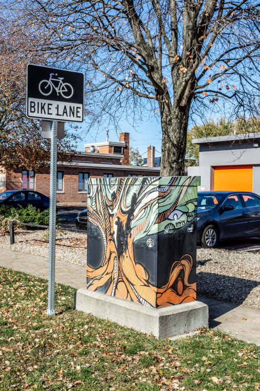 bike lane sign at Edge 35, Indianapolis, 46203
