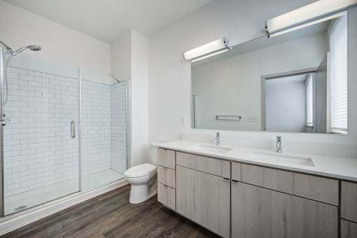 Modern Bathroom with mirror at 747 Apartments, Indiana