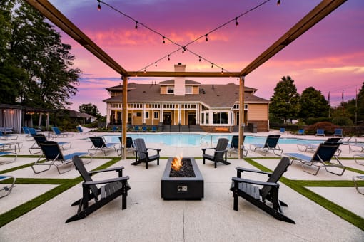 firepit with sitting area at swimming pool patio  at Butternut Ridge, Ohio, 44070