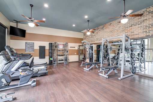 A gym with treadmills, weights, and exercise machines.