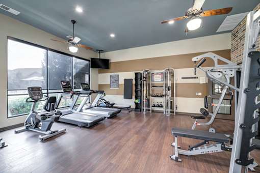 A gym with a variety of equipment including treadmills, weights, and a ceiling fan.