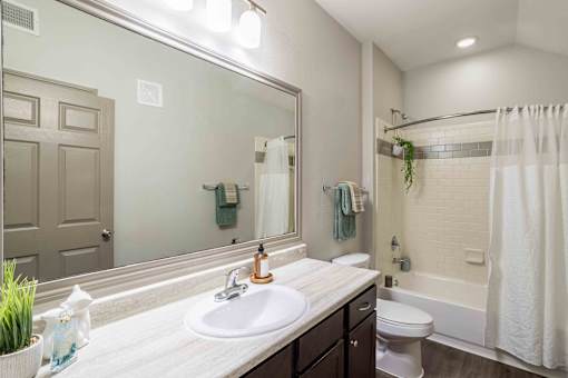 Bathroom with Shower Curtains at Avenues at Tuscan Lakes, League City, 77573