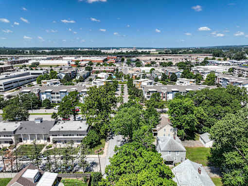 A bird's eye view of a residential area with houses and trees. at CityView, North Kansas City