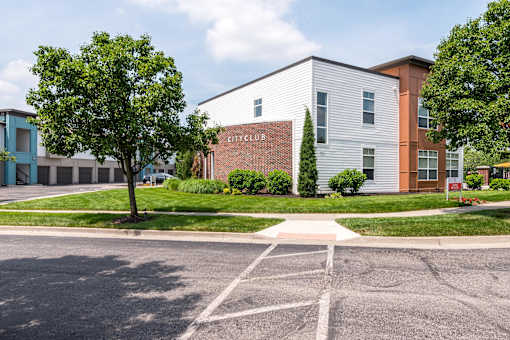 A parking lot in front of a building  at CityView, North Kansas City, Missouri