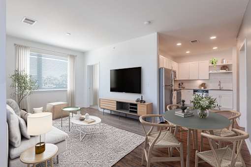 Living Room with Grey Table at Edge 35 Apartments, Indianapolis, IN
