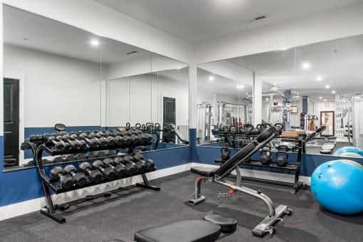 free weights in fitness center at The Greyson, Hilliard, OH, 43026