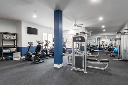exercise machines in fitness center at The Greyson, Hilliard, Ohio