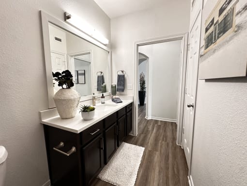 bathroom with a large mirror and a sink at Grand Villas Apartments, Katy