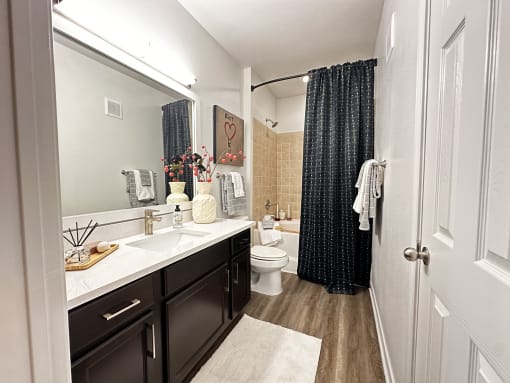 a bathroom with a shower and a toilet and a sink at Grand Villas Apartments, Katy