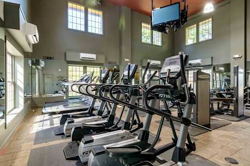 Fitness center with cardio and strength equipment at London House Apartments, Lenexa
