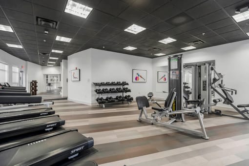 the gym in the condo is pictured at CityView, North Kansas City, 64116