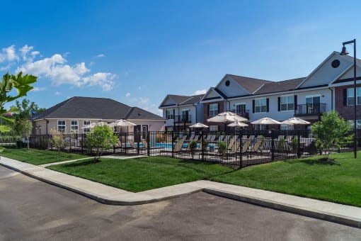 view of pool from parking lot at Overland Park, Pickerington, OH, 43147