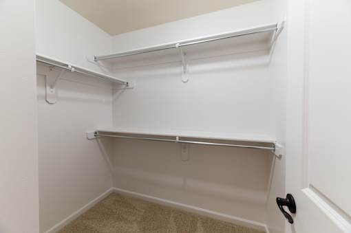 A white closet with a carpeted floor and a black door handle.